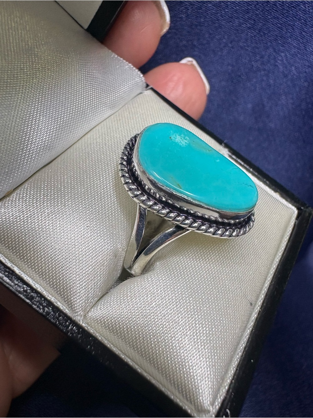 Ring Sterling Silver Genuine Turquoise Teardrop Oblong Boho Statement - Picture 2 of 8